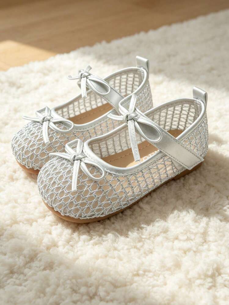 Best-Selling Choice For Children Aged 3-12. Silver Children's Shoes. Silver Glitter Fabric + Two Bows + Hook And Loop. Elegant And Shiny Style. - Silver - View 2