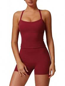 OMEWEE Conjuntos de yoga para mujer,sujetador deportivo con tiras sin espalda y leggings sin costuras, conjuntos deportivos a juego para correr - Rojo 1 - Ver 2