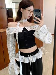 Polka Dot Patchwork Off-Shoulder Button Cropped Shirt (Free Ribbon) Black - Black - View 1