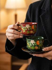 DearDali 2 Stücke (1 Tasse + 1 Untertasse) Hochtemperatur-Keramik Retro Glanz Bunte Glasur Kaffee Tasse und Untertasse Set, breiter Griff Tasse mit Untertasse, Vintage Blumen handgemalt botanischer Muster, Tischgeschirr Frühstückstasse, Schreibtisch Dekoration, künstlerische Atmosphäre Geschenk, geeignet für Einweihungsparty, Geburtstagsgeschenk, Kaffee- und Teeliebhaber, Nachmittagstee-Treffen zu Hause - Verschiedenfarbig - Übersicht 9