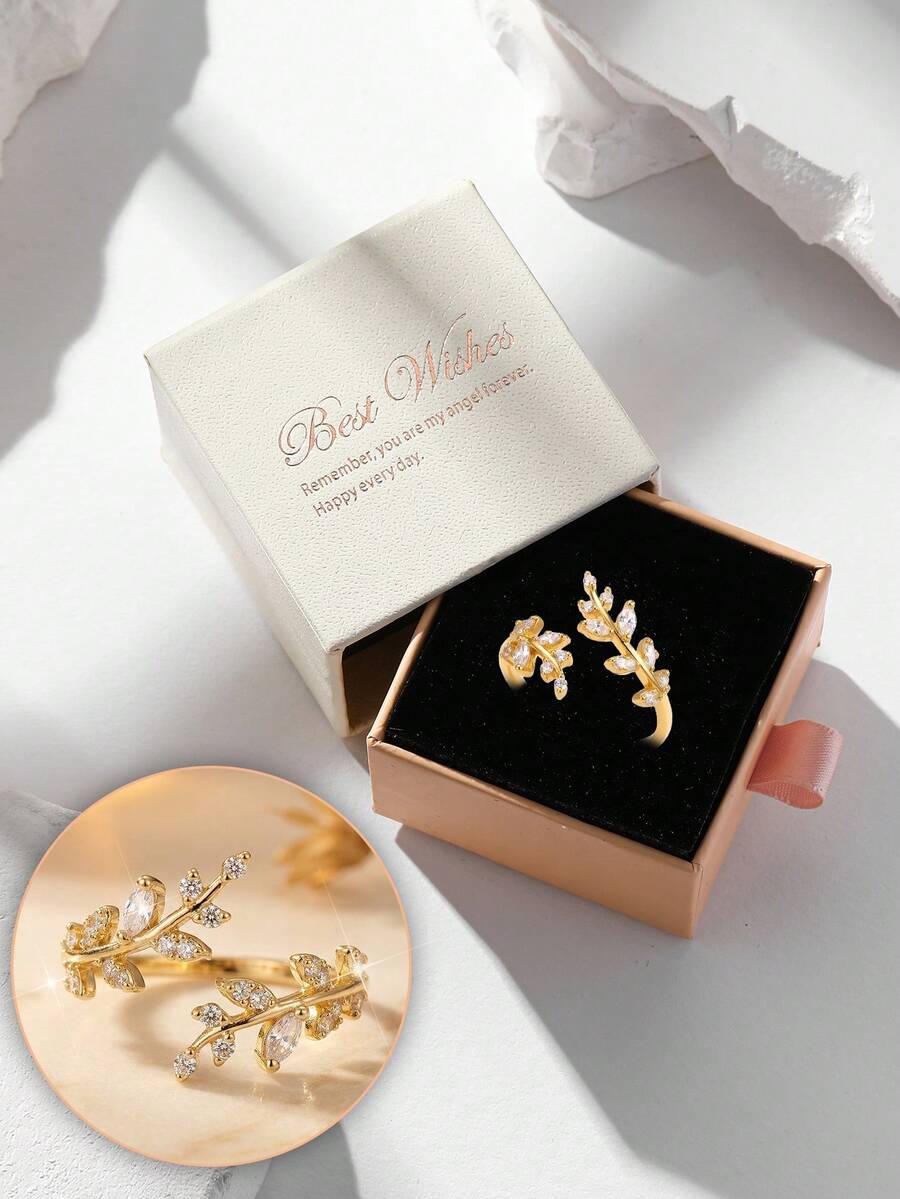 Gift Box Style Gold Leaf & Branch Rhinestone Ring, Adjustable Open Design, Nature-Inspired Elegant Women's Jewelry - Gold - View 1