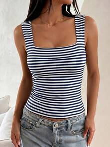 Women's Solid Color Square Neck Fitted Casual Camisole, Minimalist Retro Solid Color Vest, Summer Fashion Backless Knit Camisole, Casual Versatile, Suitable For Work Commute - Blue and White Stripes - View 7