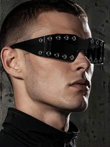 Lunettes décoratives sans monture punk sombres à rivets, style mode street Y2K millénaire hot girl tech, lunettes de mode punk européen et américain pour pose de fête, design bicolore contrasté, lunettes de mode street hip-hop pour fête et festival de musique - Multicolore - Voir 9