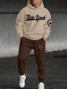 Youth Boy Letter Print Warm Hoodie And Pants Set - Apricot - View 1