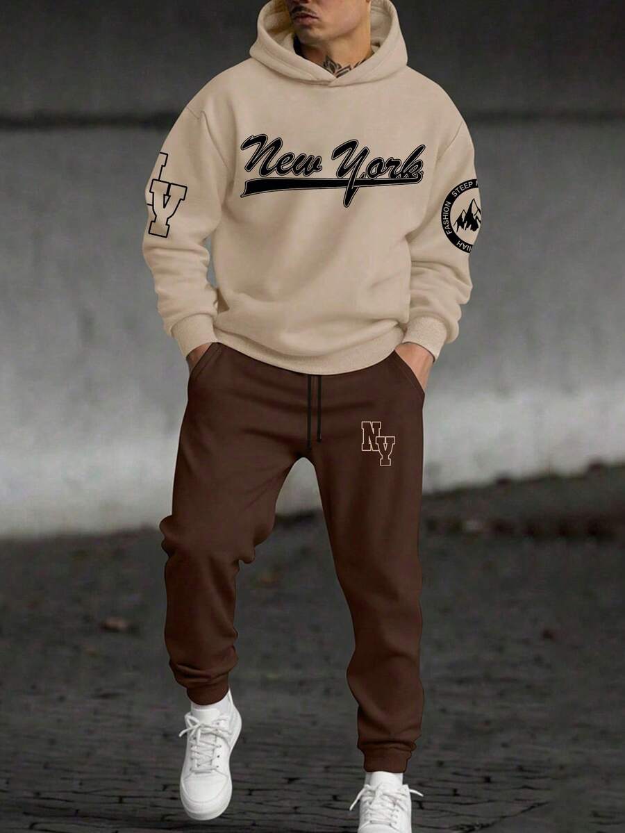 Youth Boy Letter Print Warm Hoodie And Pants Set - Apricot - View 1