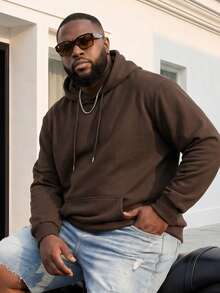 Sweatshirt Hoodie Polos Ukuran Besar, Pullover Longgar dengan Kantong Kanguru dan Tali Serut, Atasan Kasual Serbaguna - Coffee Brown - View 1