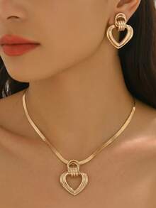 3pcs Flat Snake Bone Chain Blade Chain Hollow Heart Pattern Metal Pendant Necklace + Earrings Set, Fashionable Elegant Women's Jewelry, Suitable For Daily Versatile Jewelry Set - Yellow Gold - View 3