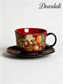 DearDali 2 Stücke (1 Tasse + 1 Untertasse) Hochtemperatur-Keramik Retro Glanz Bunte Glasur Kaffee Tasse und Untertasse Set, breiter Griff Tasse mit Untertasse, Vintage Blumen handgemalt botanischer Muster, Tischgeschirr Frühstückstasse, Schreibtisch Dekoration, künstlerische Atmosphäre Geschenk, geeignet für Einweihungsparty, Geburtstagsgeschenk, Kaffee- und Teeliebhaber, Nachmittagstee-Treffen zu Hause - Verschiedenfarbig - Übersicht 10