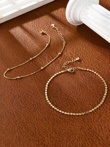 Juego de 2 piezas de tobilleras doradas apilables elegantes, estilo minimalista, adecuadas como accesorios de joyería para los pies de uso diario para mujeres - Dorado - Ver 2