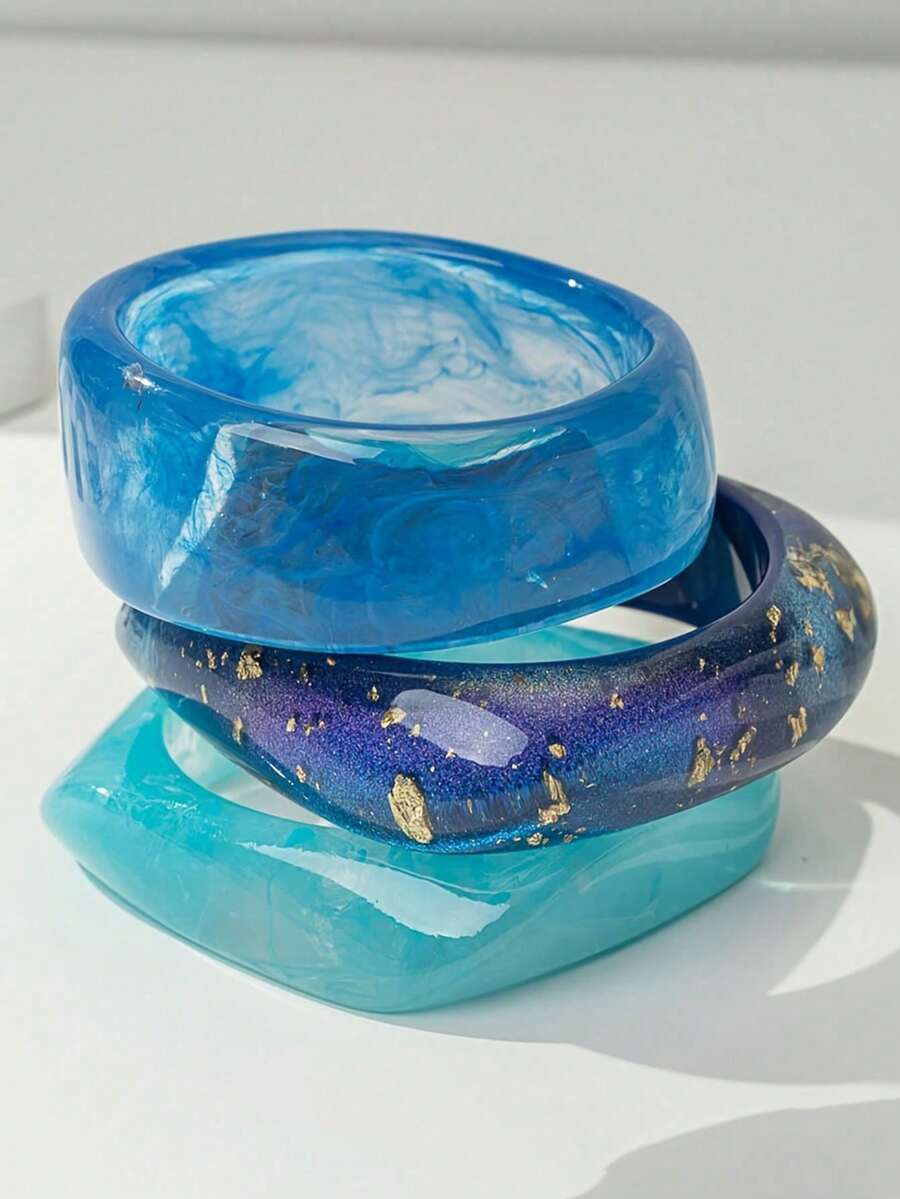 3 piezas/Set Brazaletes de resina translúcida con degradado vintage para otoño/invierno, brazaletes anchos asimétricos estilo INS - flores azules flotantes - View 1
