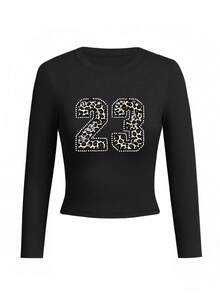 Women's Round Neck Long Sleeve T-Shirt, Spring/Autumn New Leopard Print Digital Pattern, American Hot Girl Style, Fashion Casual Versatile Slim Fit Cropped Top - Black - View 3