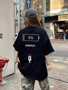 女款春夏圓領寬鬆休閒百搭簡約字母卡通短袖T恤大尺碼上衣 - 黑色 - 查看 3