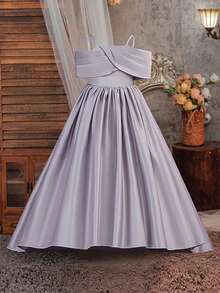 Tween Girls Spaghetti Strap Back Tie Satin Elegant Front Short Back Long Train Stage Dress Suitable For Party, Headband Not Included - Dusty Purple - View 4
