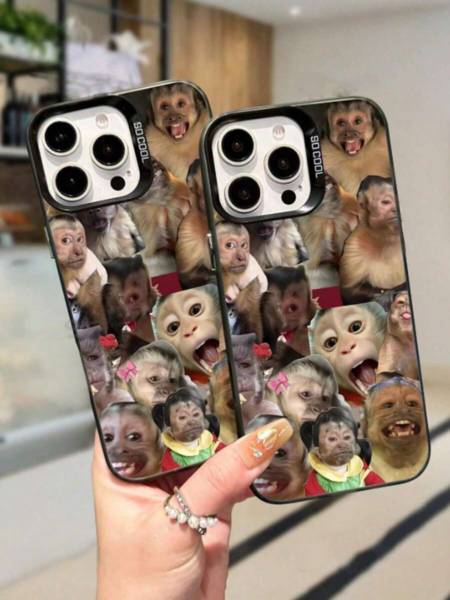 1 pieza Funda protectora de teléfono con diseño de patrón de mono divertido, borde suave de TPU, compatible con iPhone 13/15/14/13/12/11/16/Galaxy/ - Gris Claro - Ver 1