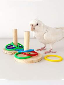 Natural Wooden Parrot Chewing Toy With Colorful Chewing Rings, Suitable For Lovebirds, Cockatiels, Parakeets And Parrots. Interactive Educational Stimulation, Parrot Accessories, Pet Play Toys, Fun Design, Random Color. - A+B - View 1