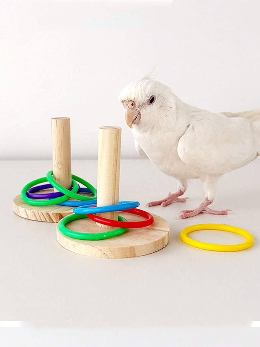 Natural Wooden Parrot Chewing Toy With Colorful Chewing Rings, Suitable For Lovebirds, Cockatiels, Parakeets And Parrots. Interactive Educational Stimulation, Parrot Accessories, Pet Play Toys, Fun Design, Random Color. - A+B - View 1