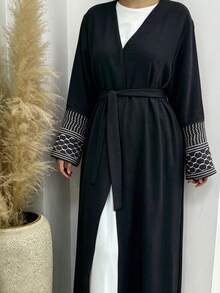 Abaya Kimono Cardigan Elegante de Mujer con Frente Abierto, Mangas Acampanadas Bordadas con Diseño Geométrico, Textura Arrugada, Abrigo Largo Holgado Musulmán - Multicolor - Ver 24
