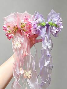 2pcs Girls Blue Bellflower Bow Ribbon Hair Clips, Non-Damaging Daily Wear Versatile Hair Accessories - Multicolor - View 2