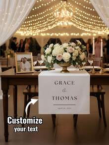 1pc Customized Personalized Wedding Table Runner, Suitable For Farmhouse Country Style Decor, Elegant Design, Applicable For Sweetheart Table Centerpiece, Rectangular Dining Table Decoration, Can Print Photo, Name, Date, Suitable For Special Events - Multicolor - View 1