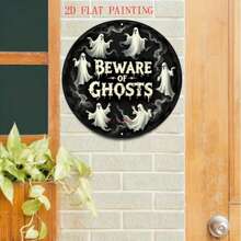 2D Flat Ghost Pattern Round Wooden Decorative Sign, Waterproof & Durable, Halloween Party Scene Decor, Printed With Cute Ghost Text, Home Office Bar Multi-Holiday Hanging Ornament - Black - View 6