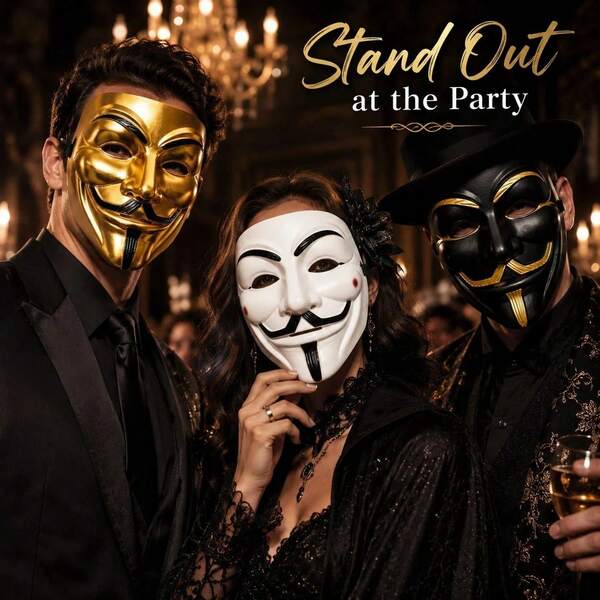 3/1pc PVC Anonymous Male Mask Set, Black/White/Gold, Durable & Stylish Cosplay Accessory, Unique Design, Suitable For Role Play, Halloween Party And Festivals