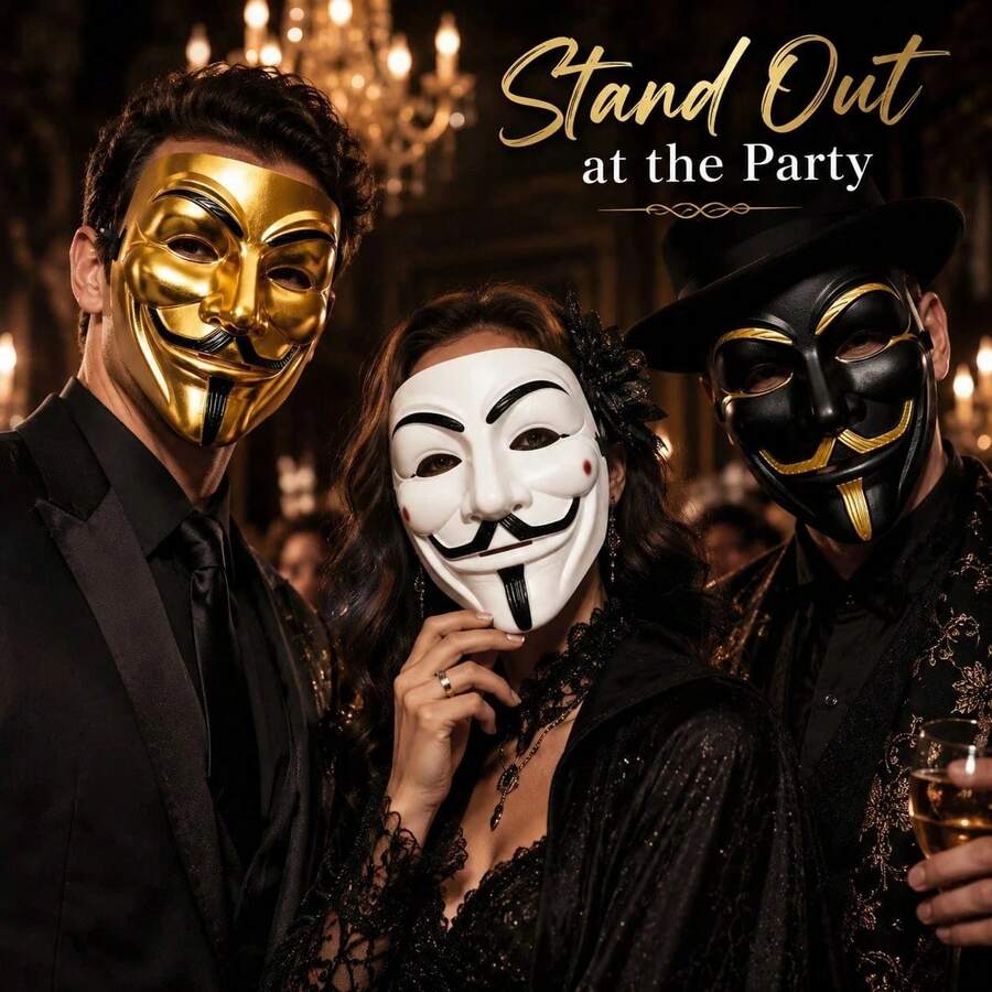 3/1pc PVC Anonymous Male Mask Set, Black/White/Gold, Durable & Stylish Cosplay Accessory, Unique Design, Suitable For Role Play, Halloween Party And Festivals - View 1