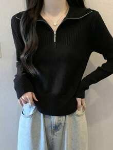 Women's Solid Color Casual Half-Zip Long Sleeve Versatile Minimalist Knit Top - Black - View 3