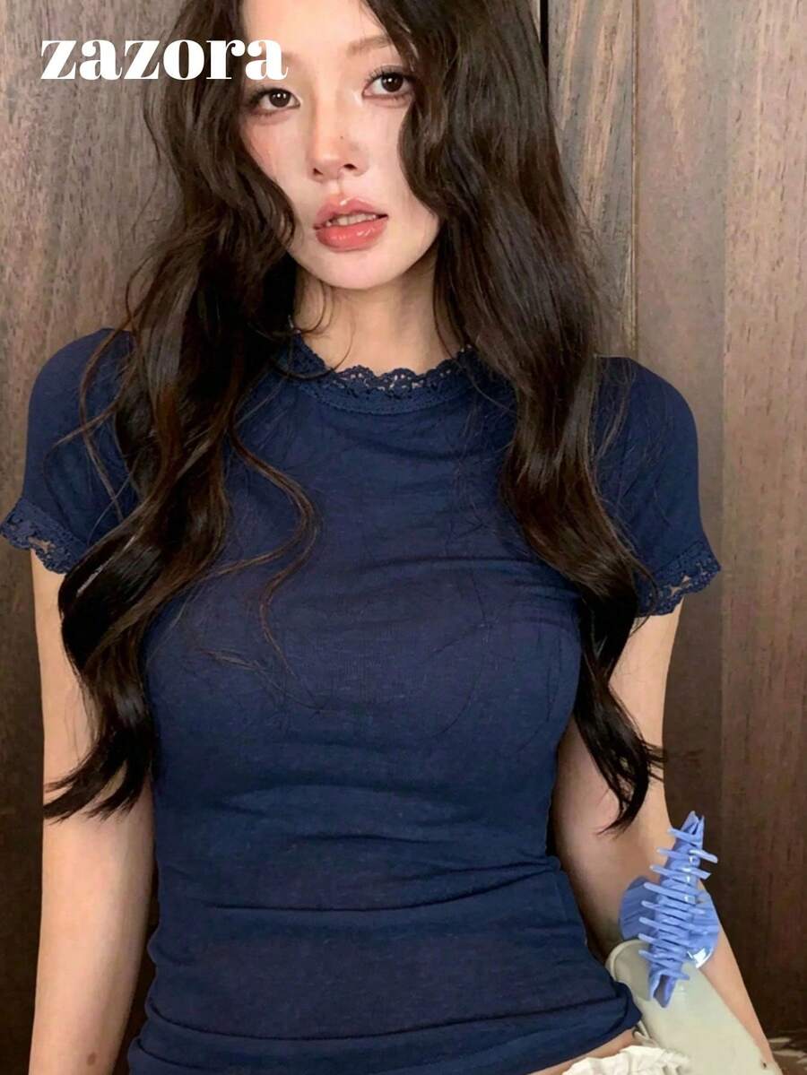 小眾法式蕾絲設計修身短袖T恤,顯瘦輕盈微透舒適休閒夏季上衣 - 藍色 - 查看 1