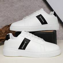 Men's Casual Sports Flat Shoes, Colorblock Design, Microfiber Leather Lace-Up, Outdoor Commute, College Style, All Season - Black and White - View 6