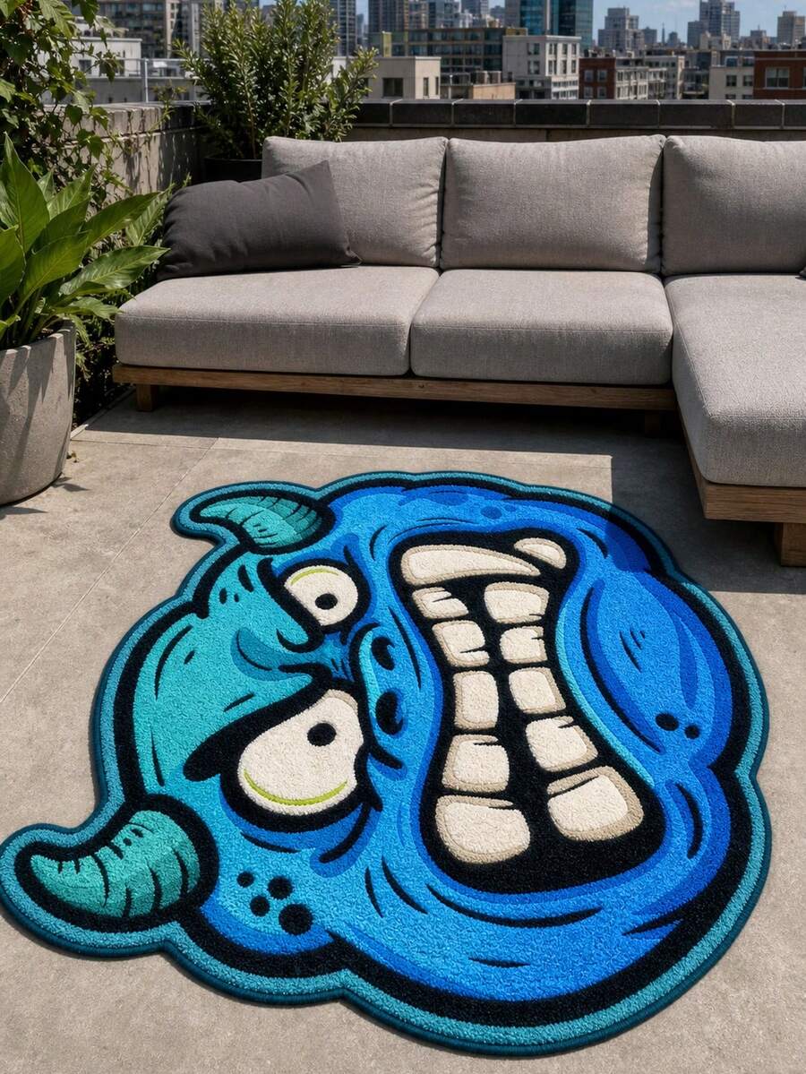 1pc Cool Cartoon Angry Blue Monster Shaped Rug, Street Graffiti Cyan Creative Bathroom Mat, Fun Cute Monster Plush Irregular Carpet, Suitable For Game Room Bedroom Bathroom Living Room Dorm Decor, Teen Boy Gamer Aesthetic Home Decor Gift - Blue - View 1