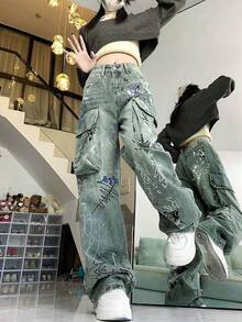 Celana Jeans Kargo Wanita Model Longgar Kasual dengan Motif Grafiti Acak untuk Musim Gugur - Biru - View 4