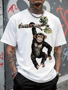 Playera Hombre Holgada,Chimpancé Negro Sonriente Colgado con Una Mano de Rama de Abedul, Camiseta Manga Corta Estilo Selvático Veraniego Casual Streetwear. - Blanco - Ver 7