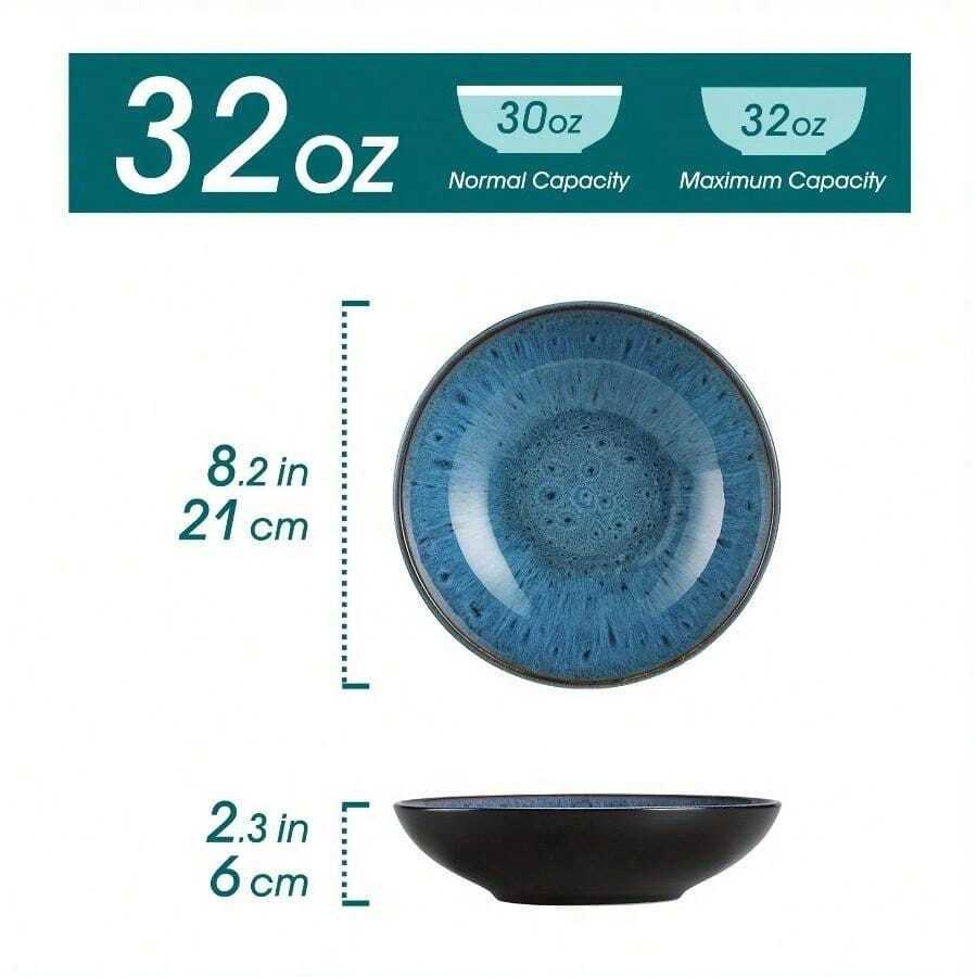 Set Of 4 Wide And Deep Stoneware Pasta Bowls With Reactive Glaze In Blue - 4 Piece Blue - View 1