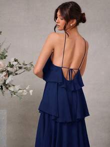 Elegante vestido maxi de gasa con cuello halter y volantes para invitados a bodas románticas - Azul Agua - Ver 3
