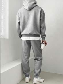Youth Boy Cartoon Print Warm Hoodie And Pants Set - Grey - View 2