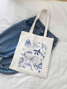 1 pieza Bolsa de tela plegable con estampado de lazo azul y rejilla, de gran capacidad y estilo casual para compras, adecuada para trabajo, viajes, compras, escuela y talla, excelente - Multicolor 7 - Ver 2
