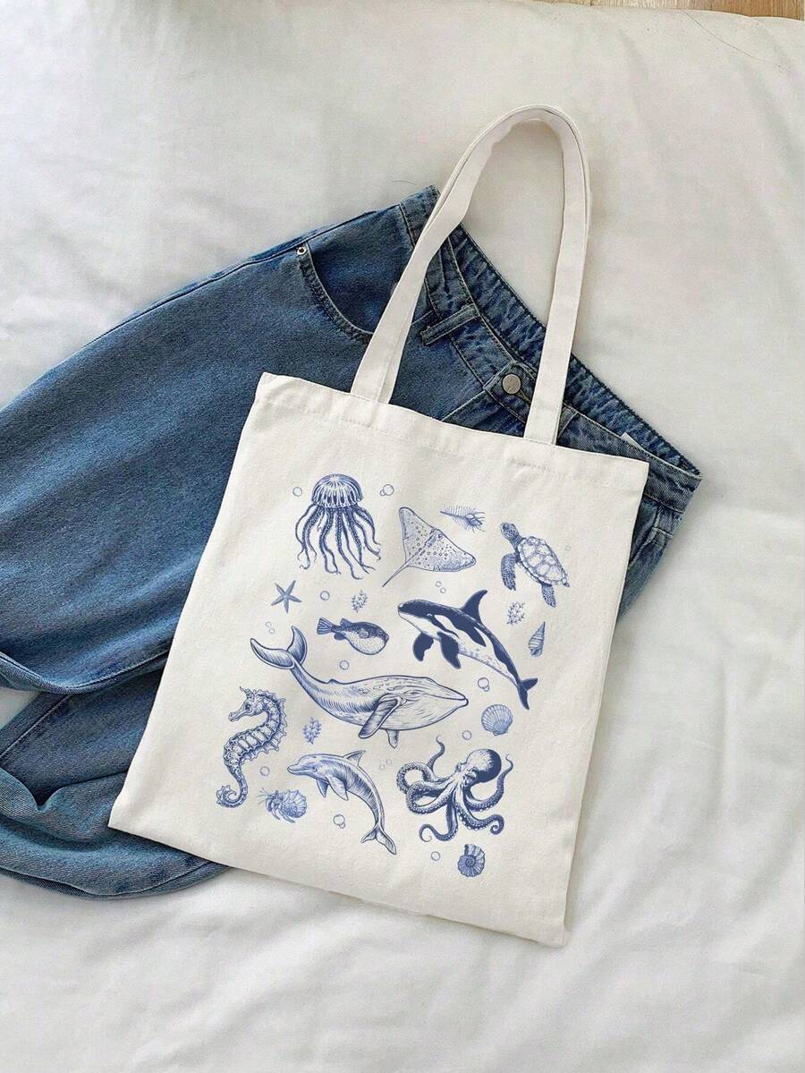 1 pieza Bolsa de tela plegable con estampado de lazo azul y rejilla, de gran capacidad y estilo casual para compras, adecuada para trabajo, viajes, compras, escuela y talla, excelente