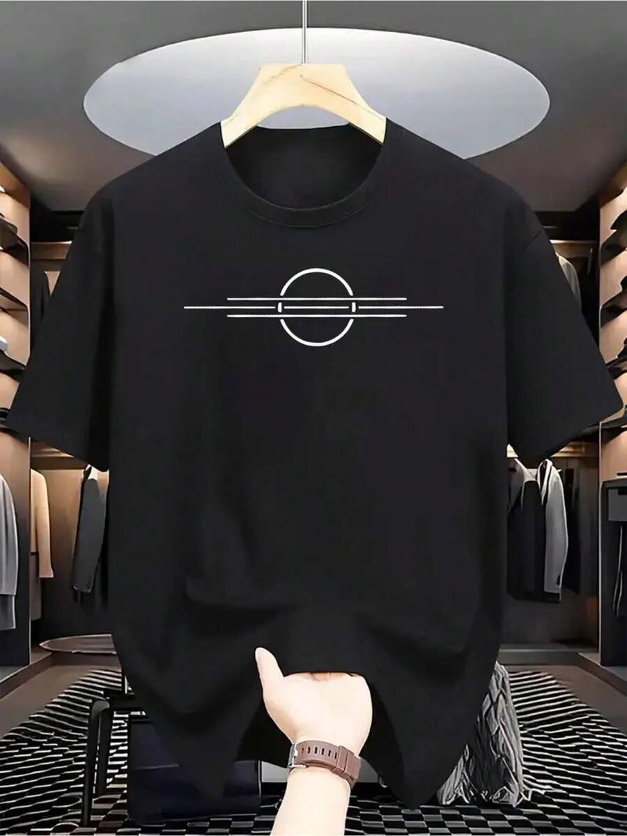 Short-Sleeved T-Shirt With Minimalist Geometric Pattern - Black - View 1