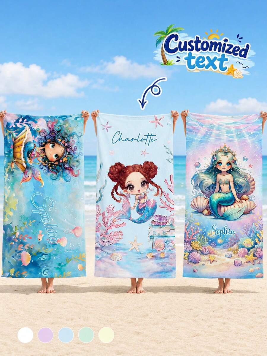 Personalized Mermaid Beach Towel, Customized Name Soft Towel, Cartoon Mermaid Ocean Theme Pattern - Multicolor - View 1
