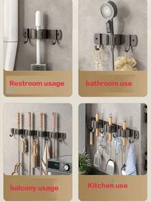 1pc Modern Metal Wall-Mounted Broom And Mop Holder, 4 Slots And 5 Hooks, Adjustable Garden Tool Storage Rack, Suitable For Home Laundry Room, Closet, Shed, Garage Storage, Can Store Rakes, Shovels, Brooms - A - View 9