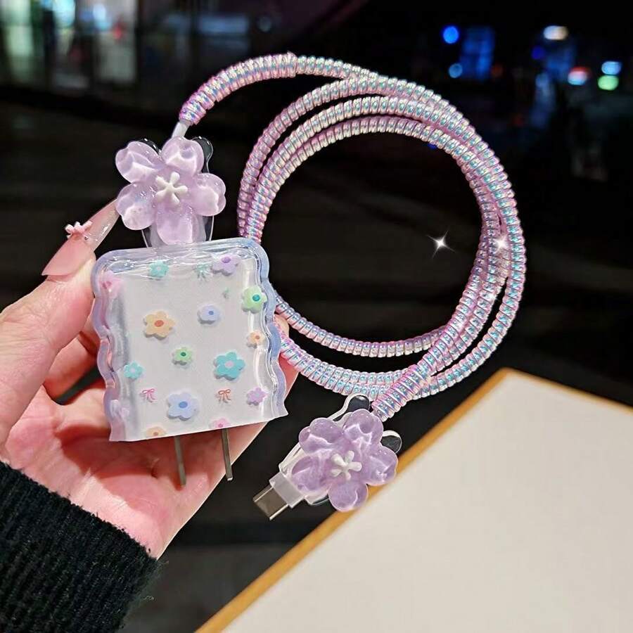 極簡花卉充電器保護套,適用 Apple 14 系列 11/12/13/16/15 快速充電器保護套,20W 充電器保護套,送給朋友的理想禮物 - 彩色 - 查看 1