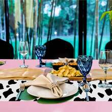 Disposable Plastic Tablecloth With Cow Print, 53.94 X 107.87 Inches, Rectangular Pink Elegant Party Tablecloth, Cowgirl Birthday Theme Decor, Machine Woven - Black And White Design - View 5