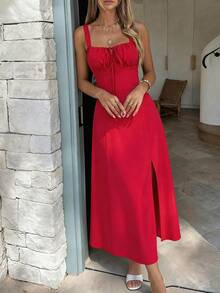 Sedessea Women's Summer Elegant Sexy Cinched Waist A-Line Halter Neck Slit Dress - Red - View 1