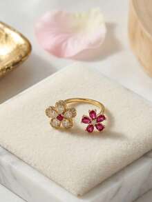 1pc Sweet Luxury Sparkling Cubic Zirconia Red & White Dual Flower Open Ring, Adjustable Finger Ring For Women, Suitable For Daily Wear, Commute, Party, Date, Vacation, Holiday Gift Jewelry - Gold - View 5