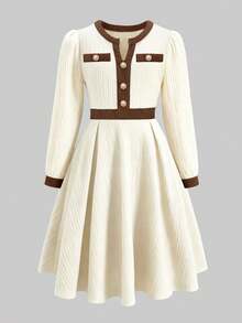 Girls' Contrast Texture V-Neck Pearl Button Long Sleeve Princess Dress, Suitable For Spring/Autumn, Gentle Style For Hospital Discharge And Family Gatherings - Apricot - View 1