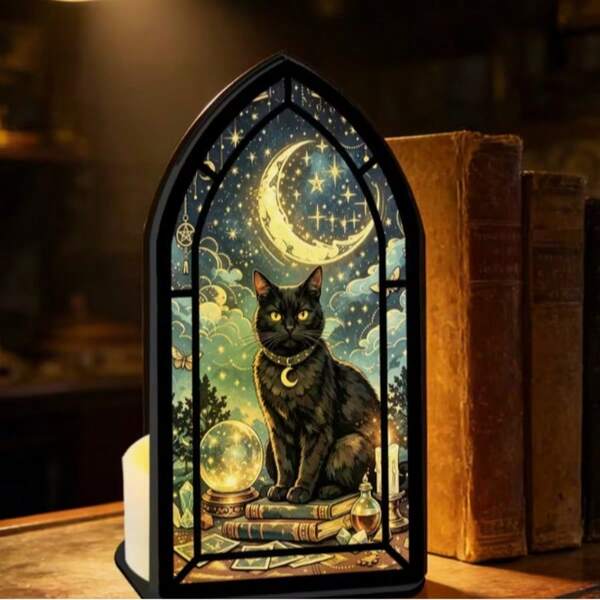 Sujetalibros plano 2D multifuncional con portavelas, atrapasol, gato negro, luna, bola de cristal y tarot, estilo gótico pintado, decoración de esquina de libro para biblioteca de fantasía, oficina, estudio y estantería, regalo festivo (vela no incluida)