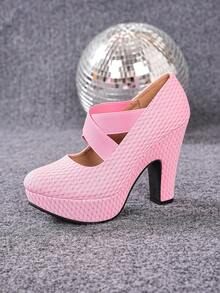Ultra High Heel Suede Chunky Heel Round Toe Platform High Heel Women's Pumps - Pink - View 8