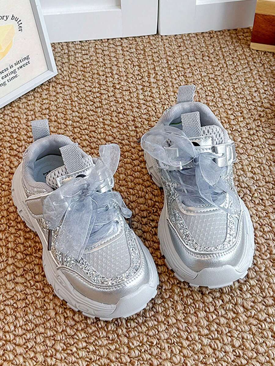 1 Pair Girls' Silver Sequin Mesh Bow Thick Sole Dad Sneakers, Luxury Fairy Princess Style, Suitable For School, Party, Travel And Multiple Occasions - Silver - View 1