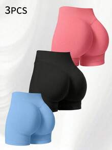 3pcs Women's High Waist Thin Butt-Lifting Quick-Dry 7/8 Running Shorts, Yoga Black Shorts, Fitness Shorts, Running Shorts, Butt-Lifting Heart Sports Shorts, Abdominal Shaping Shorts - Multicolor - View 1