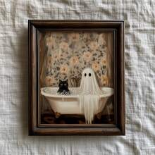 1pc Frameless Halloween Ghost Cat Bubble Bath Pattern Horror Bathroom Wall Art Poster, Aesthetic Apartment Living Room Bedroom Decor, Back To School Personalized Poster, Dorm Essentials - Frameless - View 3